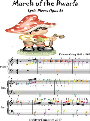 cover image of March of the Dwarfs Lyric Pieces Opus 54 Easiest Piano Sheet Music with Colored Notes
